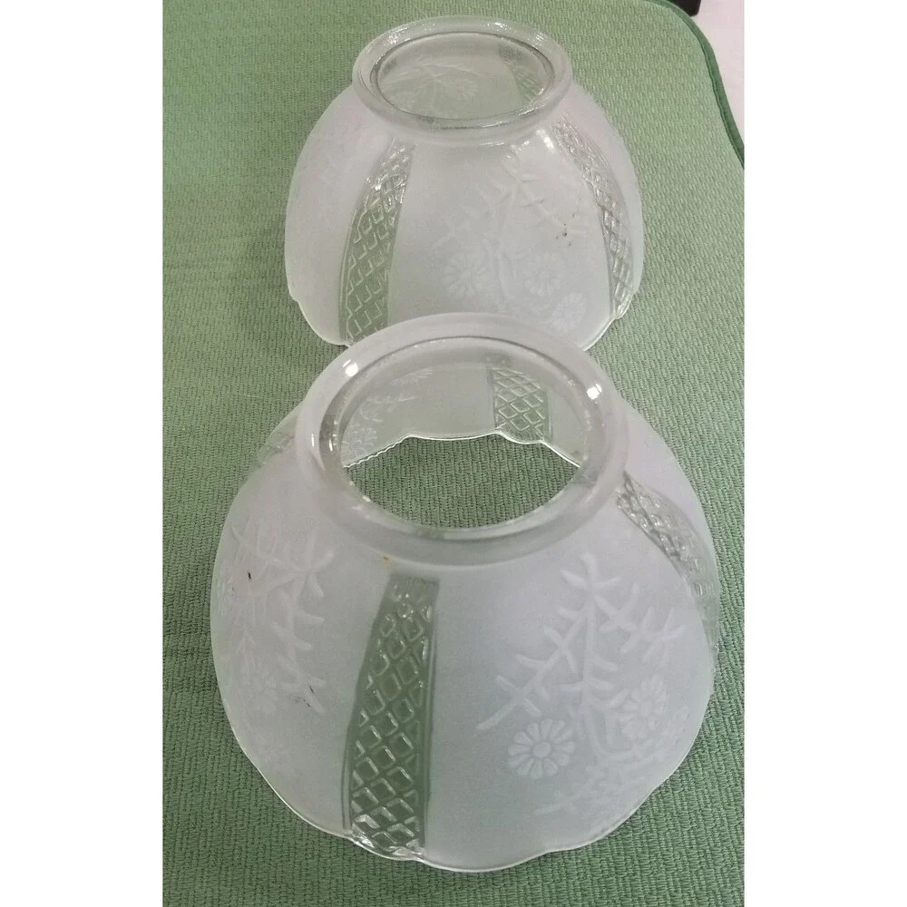 Vintage Frosted Glass Lamp Shades Pair – Floral & Diamond Pattern